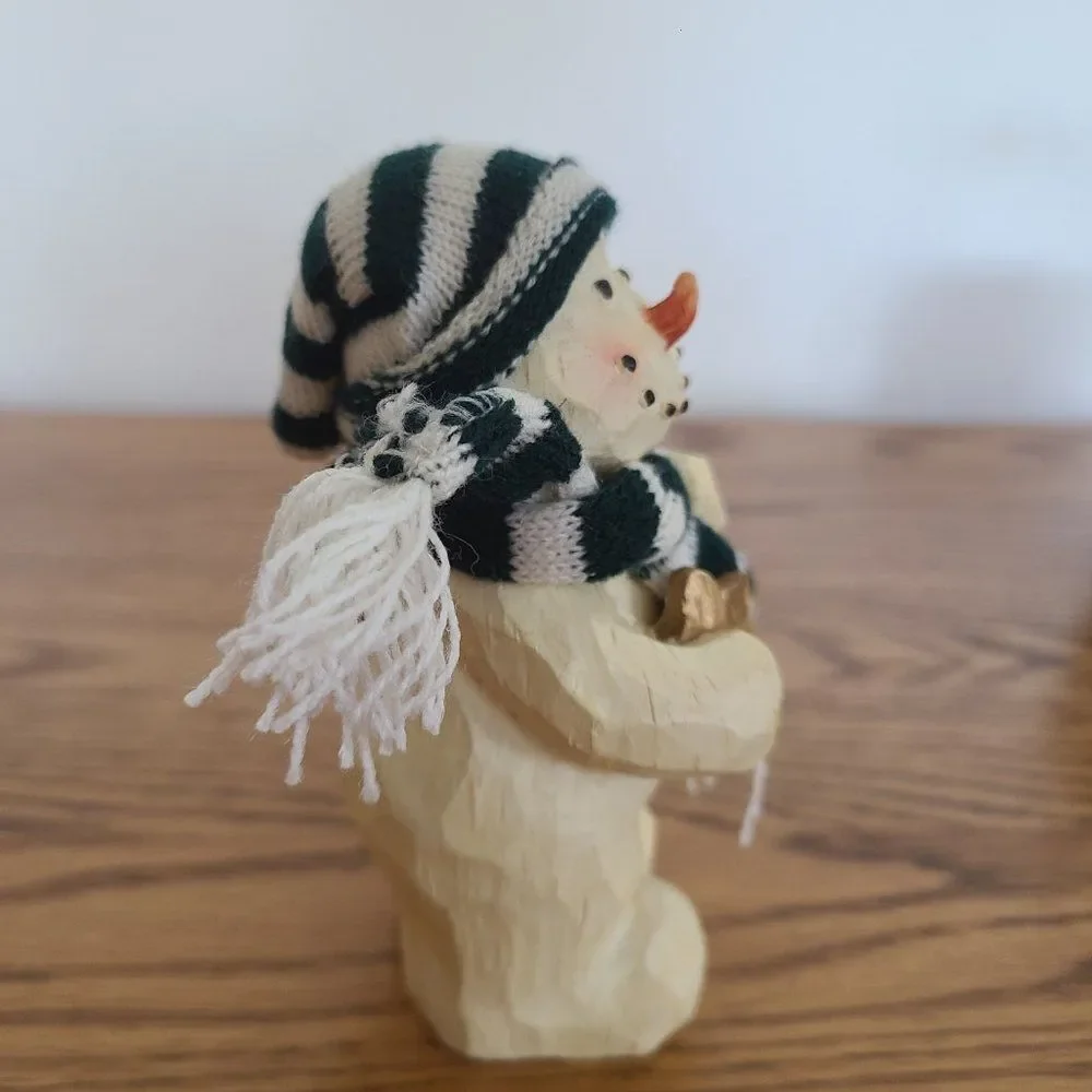 Vintage Wood-Look Snowman Figurine & Ceramic Snowman Bucket Pail Snowman Lot